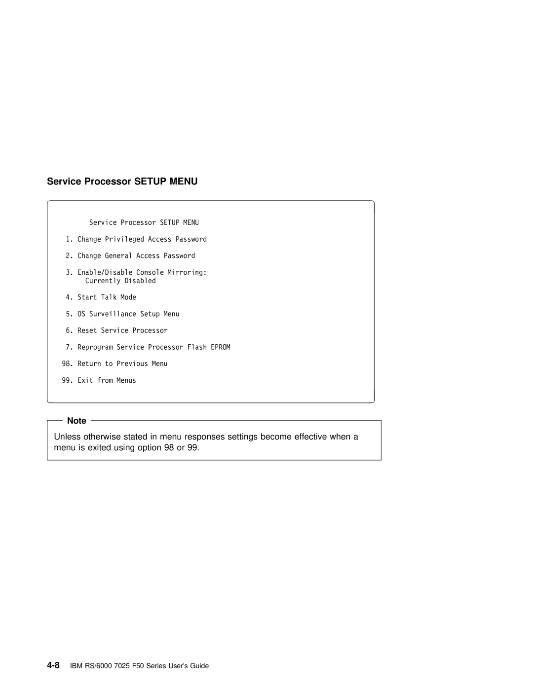 IBM RS/6000 7025 manual Service Processor Setup Menu 