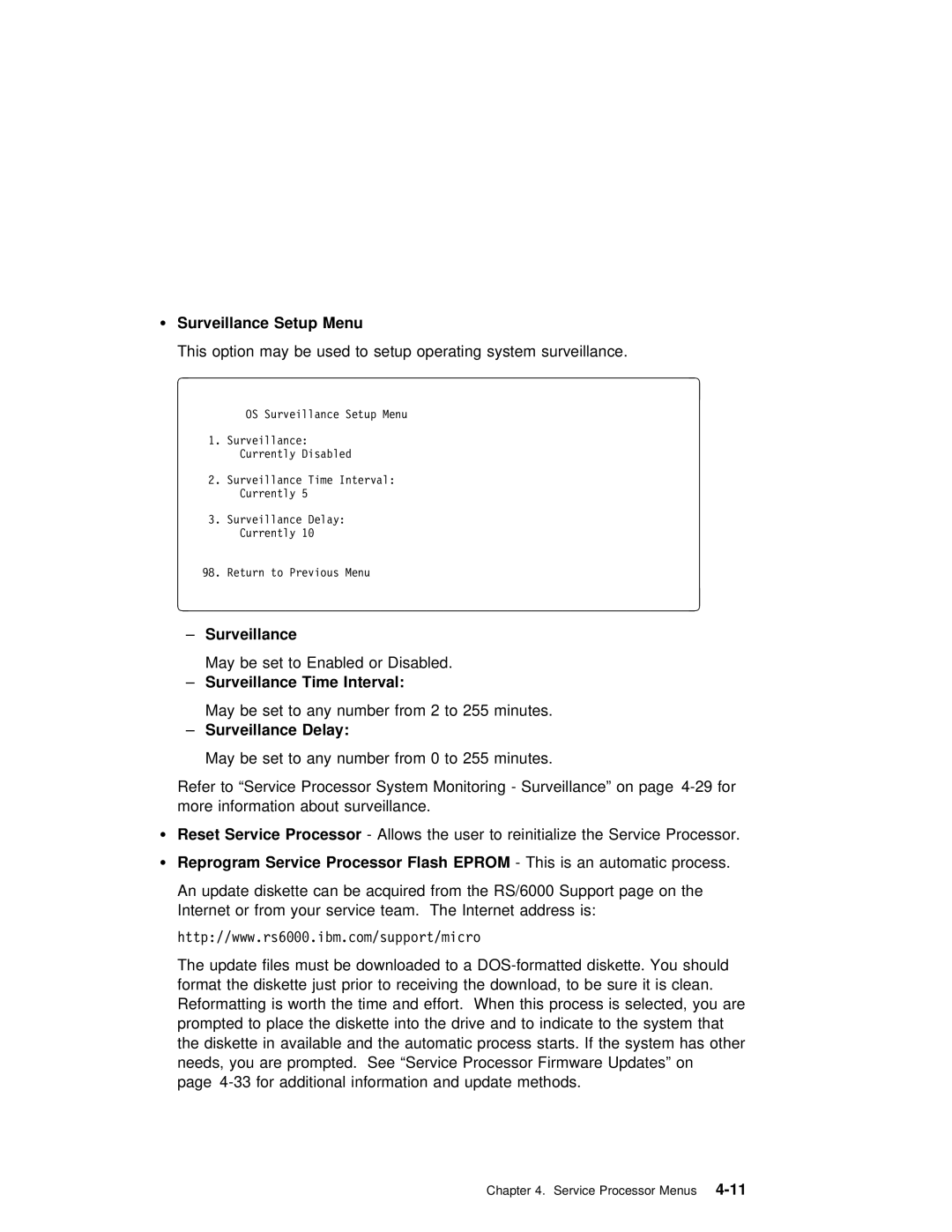 IBM RS/6000 7025 manual Surveillance Setup Menu, Surveillance Time Interval, Surveillance Delay, Reset, Processor 