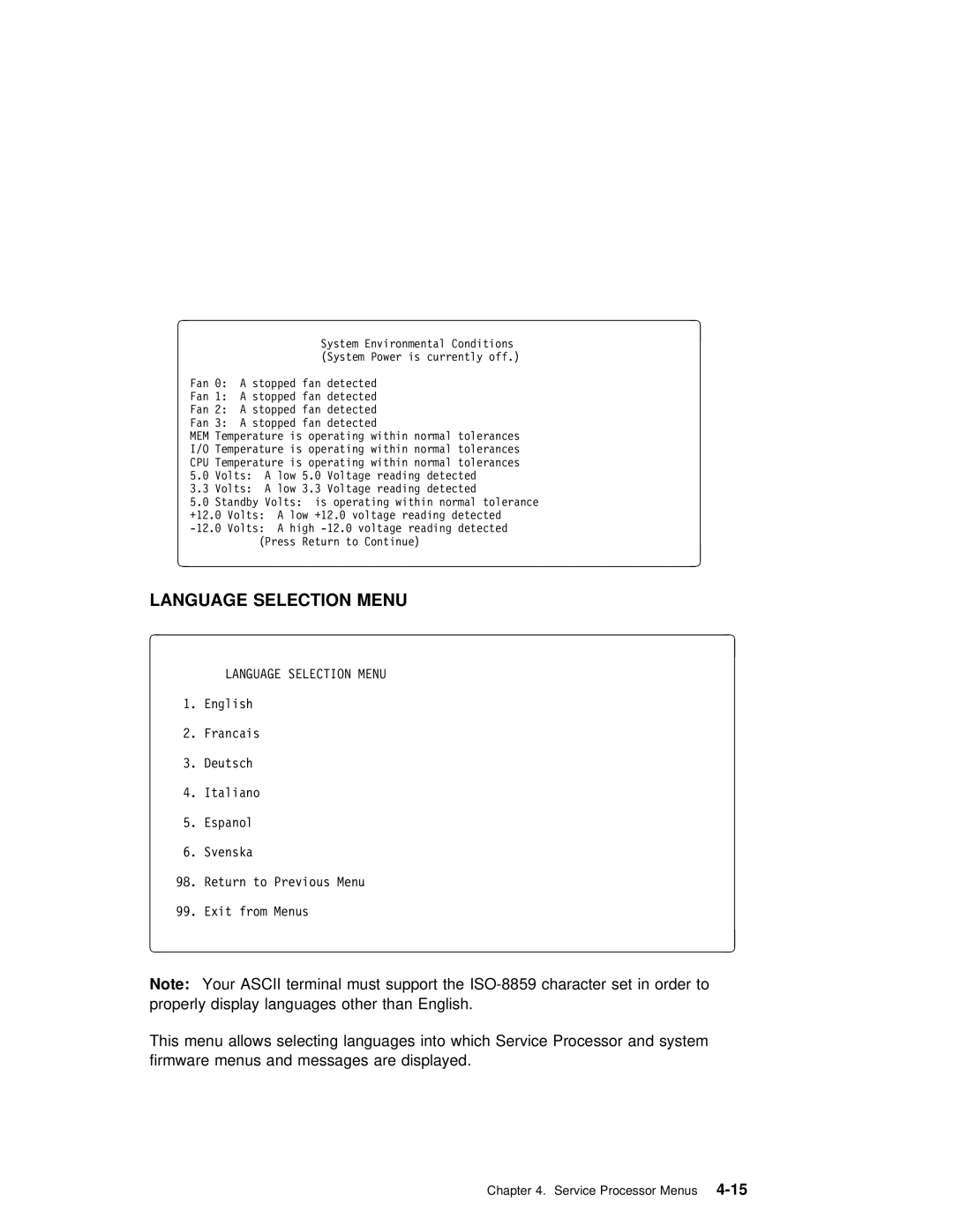 IBM RS/6000 7025 manual Service Processor4-15Menus 