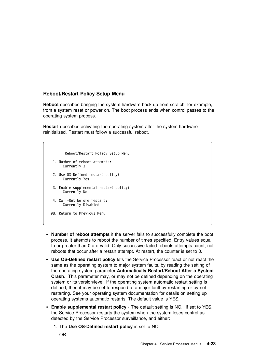 IBM RS/6000 7025 manual Policy Setup Menu 