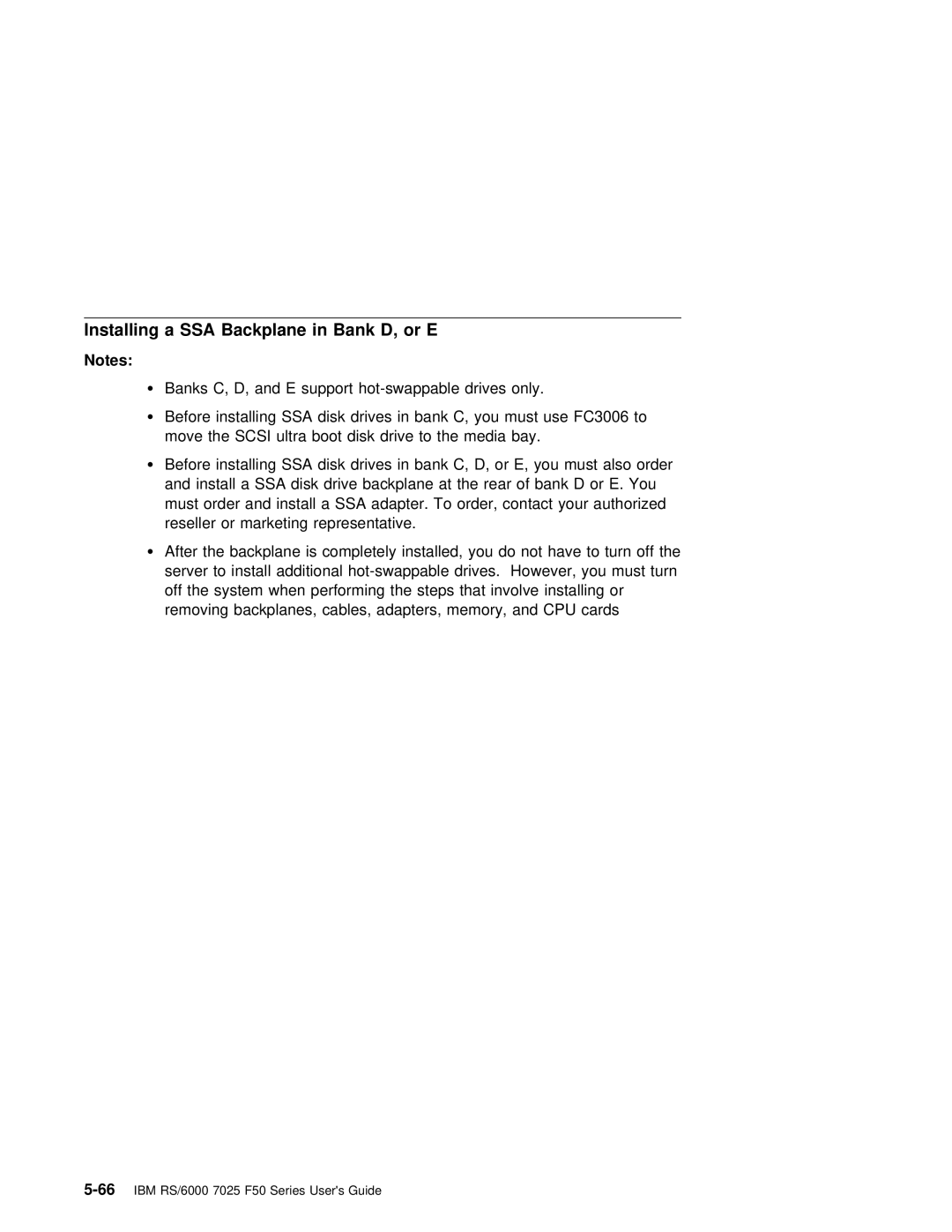 IBM RS/6000 7025 manual Installing a SSA Backplane in Bank D, or E 