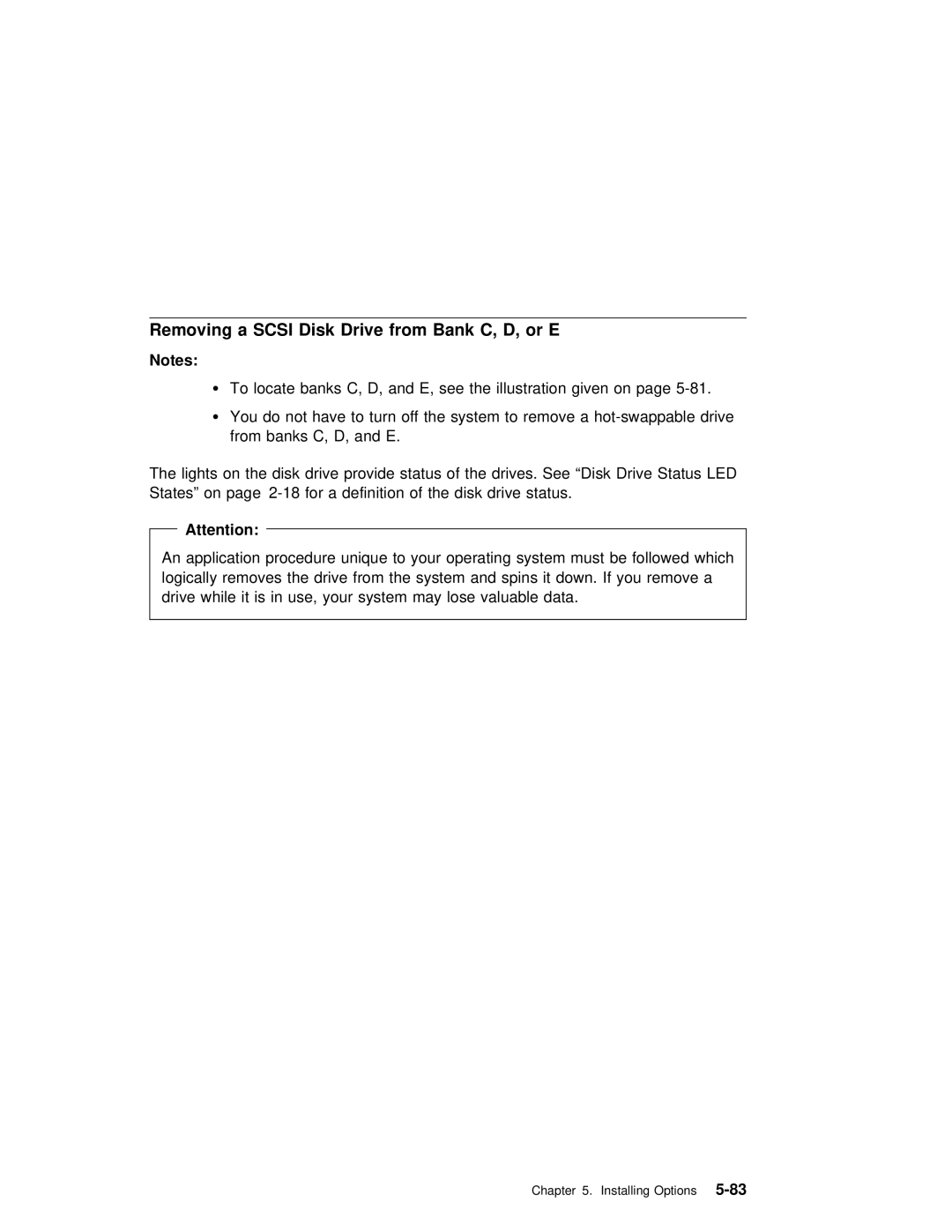 IBM RS/6000 7025 manual Removing a Scsi Disk Drive from Bank C, D, or E 