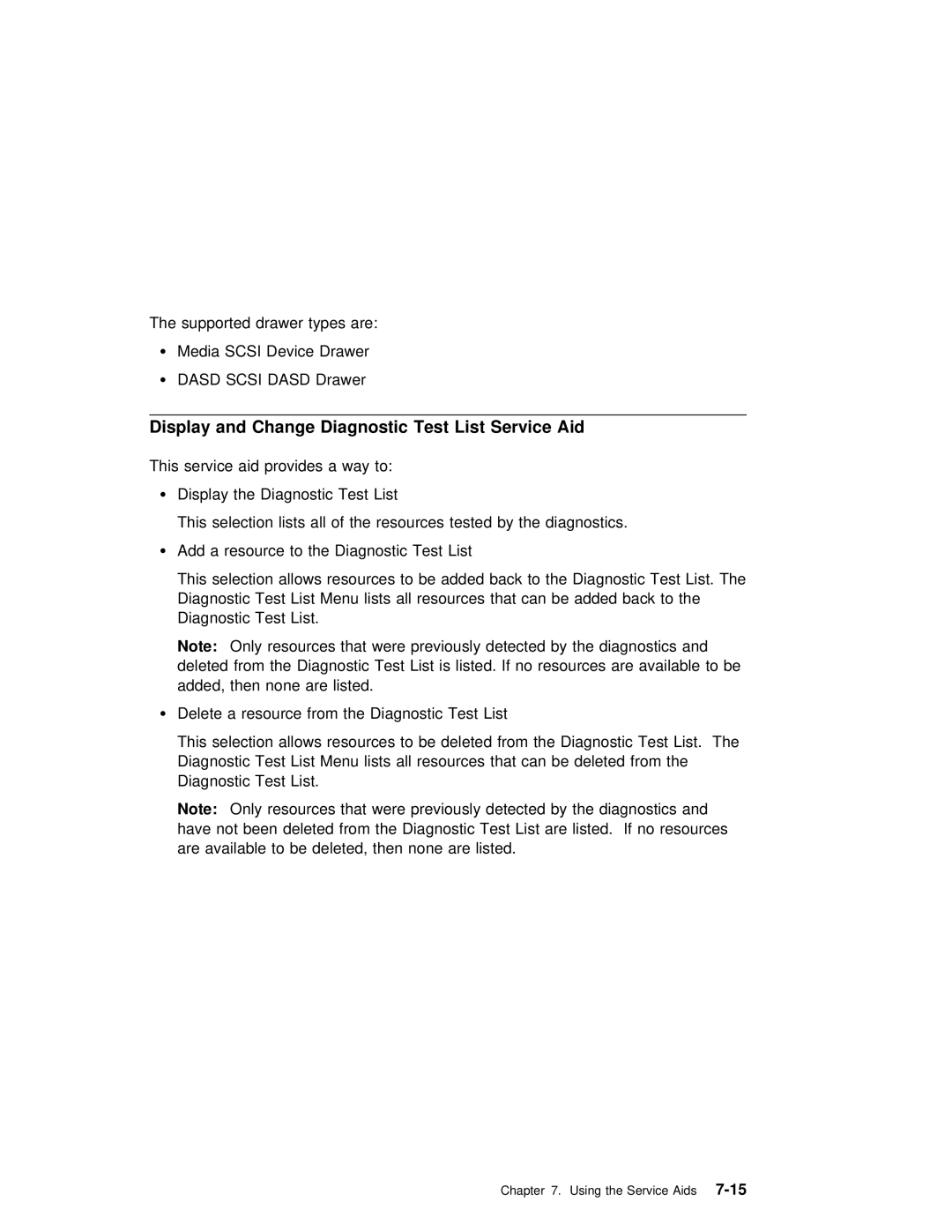 IBM RS/6000 7025 manual Display and Change Diagnostic Test List Service Aid 