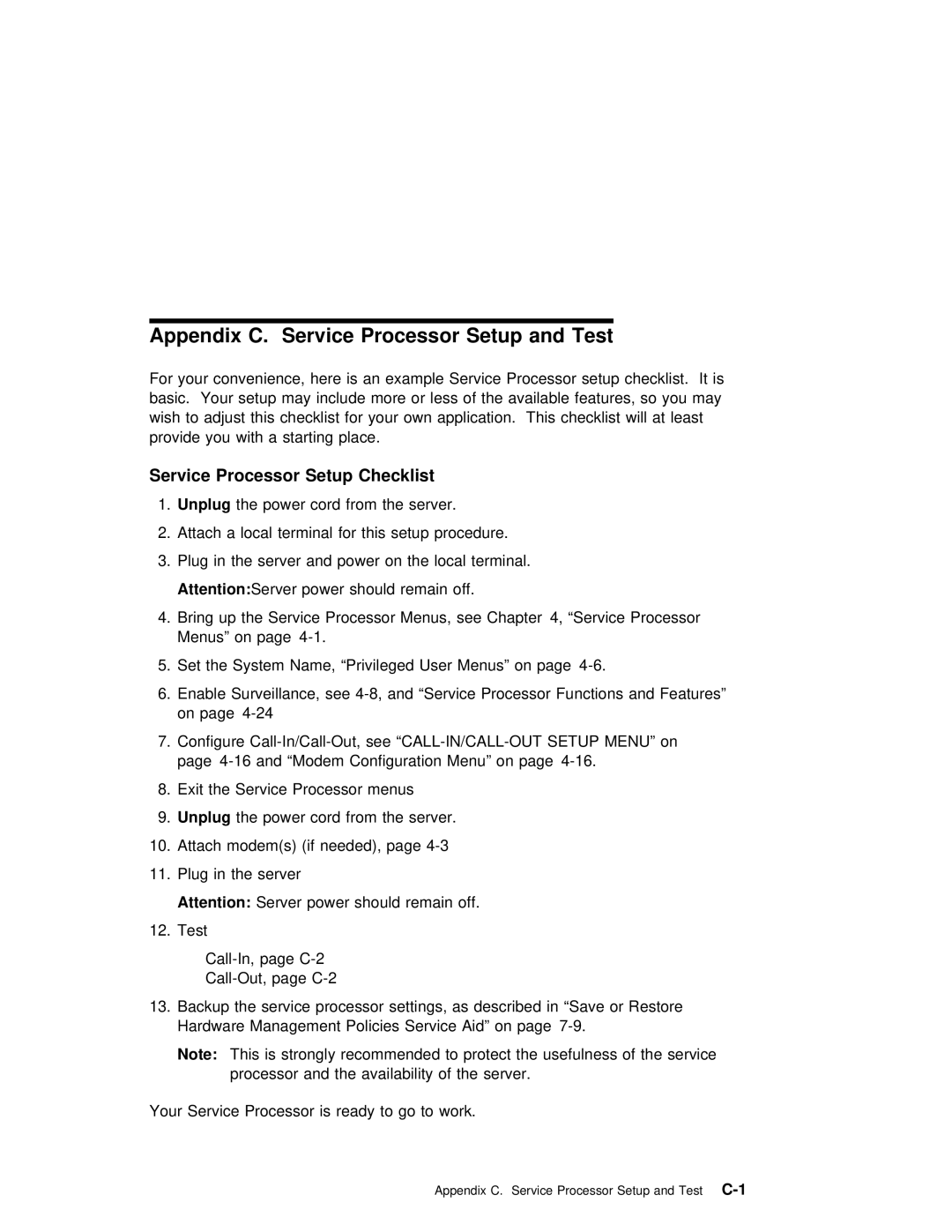 IBM RS/6000 7025 manual Appendix C. Service Processor Setup and Test, Service Processor Setup Checklist 