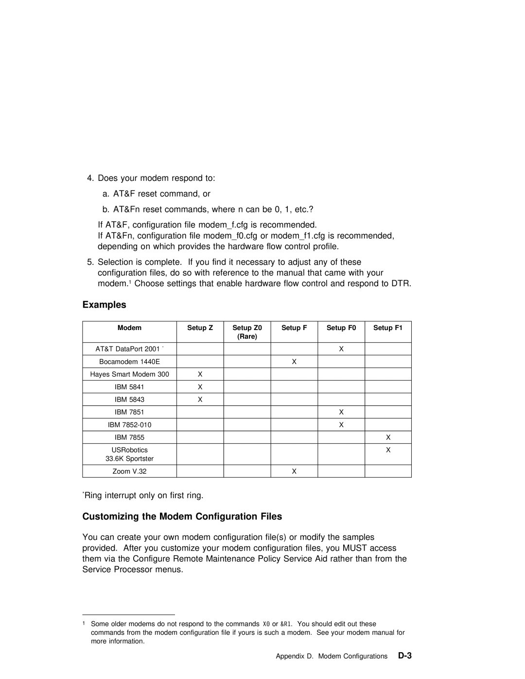 IBM RS/6000 7025 manual Examples, Customizing the Modem Configuration Files, Setup Z Setup Z0 Setup F Setup F0 Setup F1 