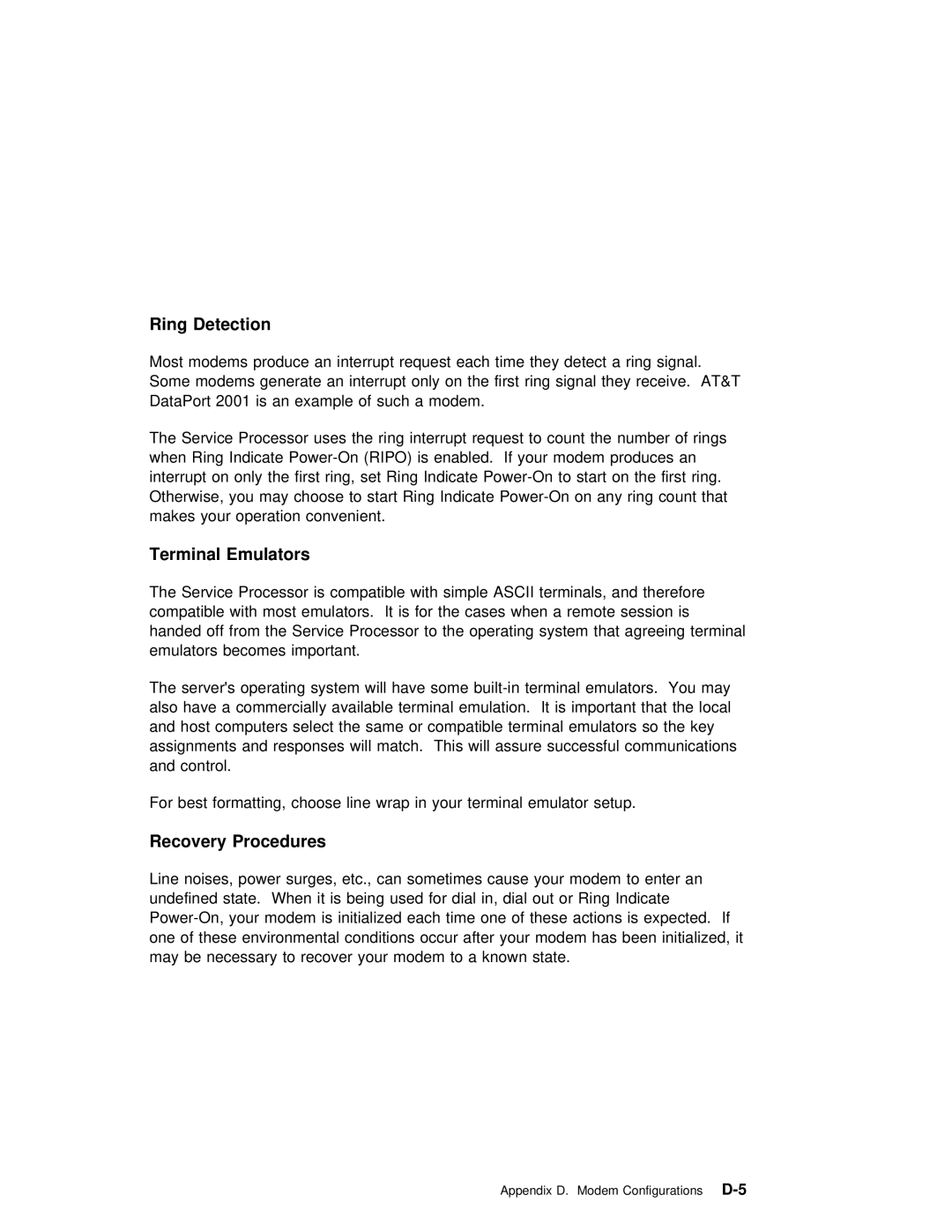 IBM RS/6000 7025 manual Ring Detection, Terminal Emulators, Recovery Procedures 