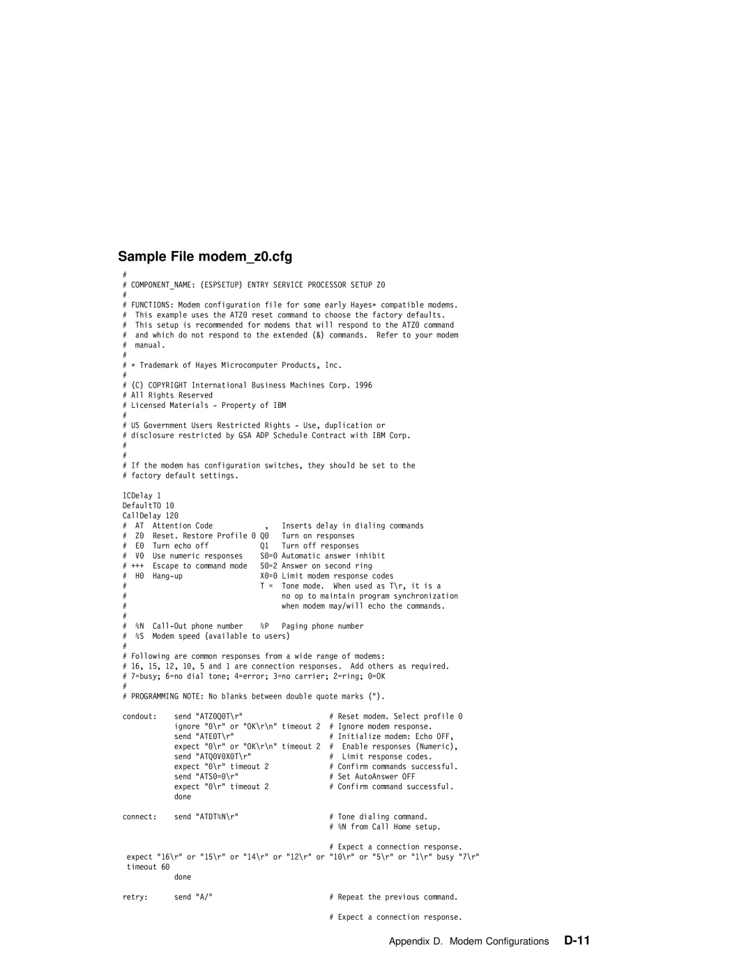 IBM RS/6000 7025 manual Sample File modemz0.cfg, Appendix D. Modem ConfigurationsD-11 