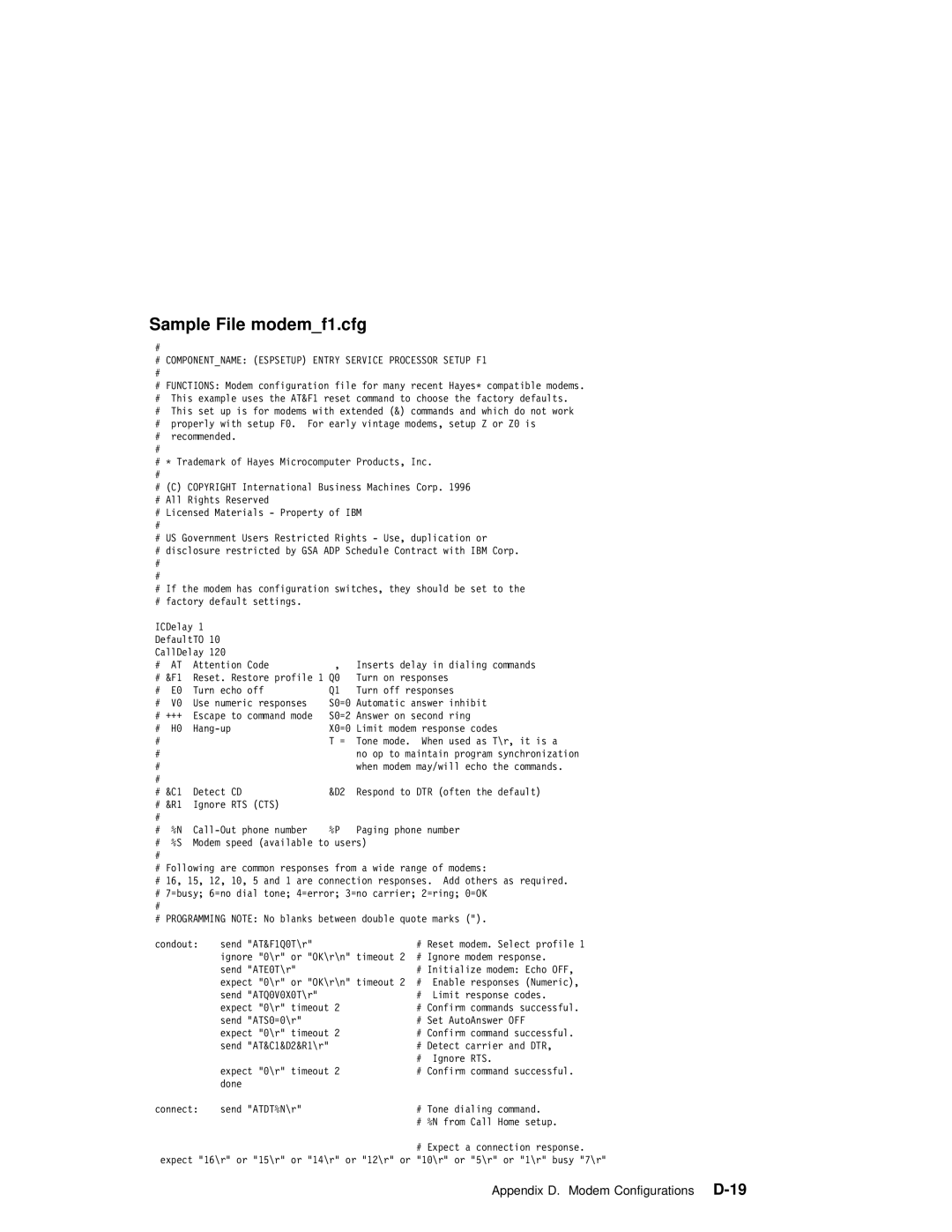 IBM RS/6000 7025 manual Sample File modemf1.cfg, # Componentname Espsetup Entry Service Processor Setup F1 