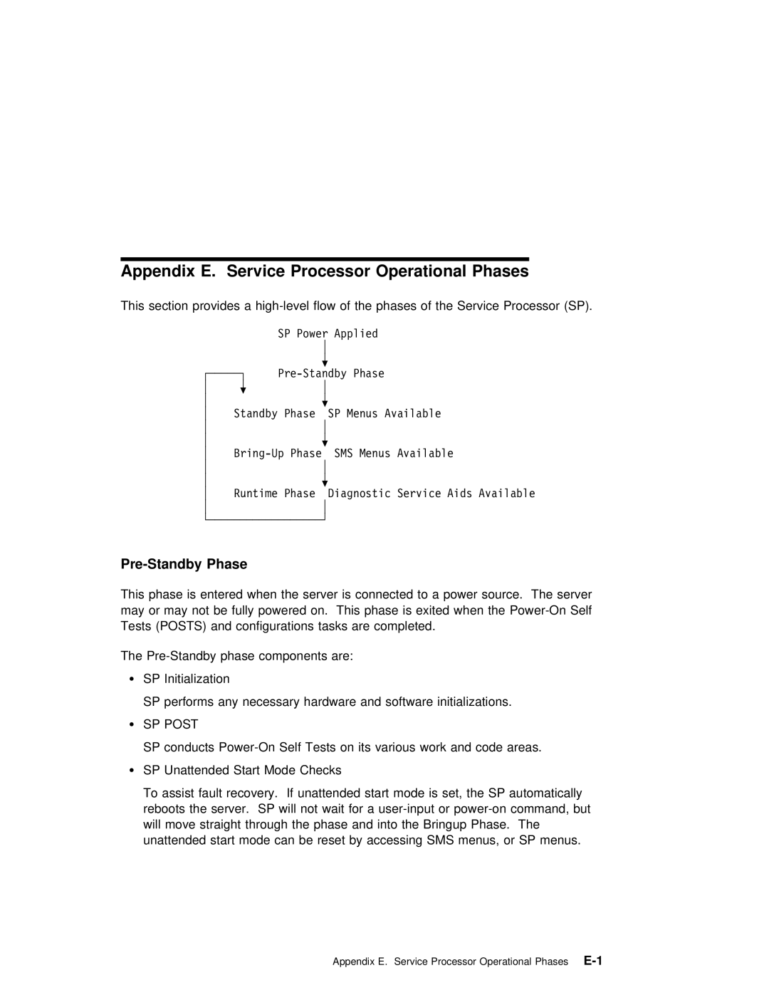 IBM RS/6000 7025 manual Appendix E. Service, Pre-Standby Phase, SP Post, Processor 