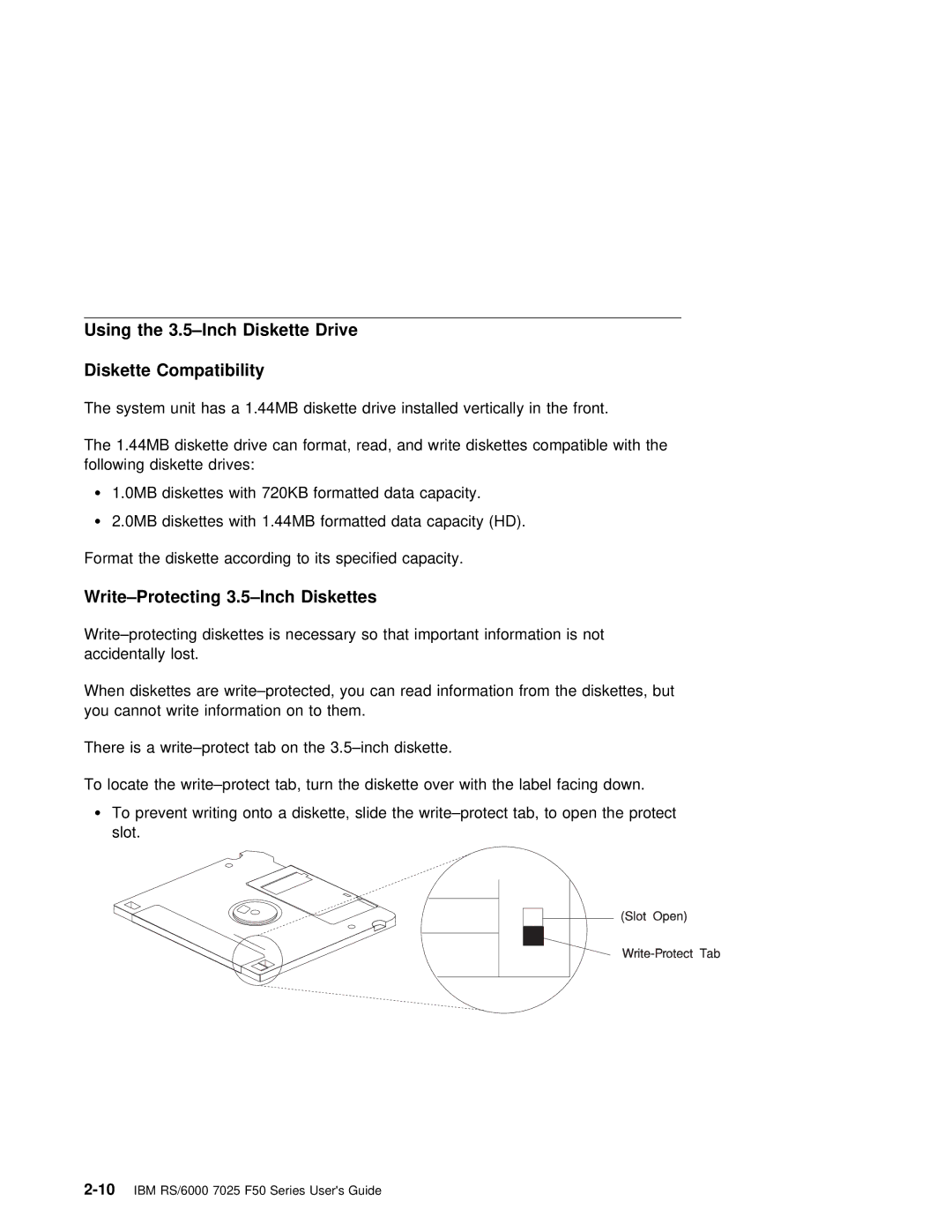 IBM RS/6000 7025 manual Using the 3.5-Inch Diskette Drive Diskette Compatibility, Write-Protecting 3.5-Inch Diskettes 