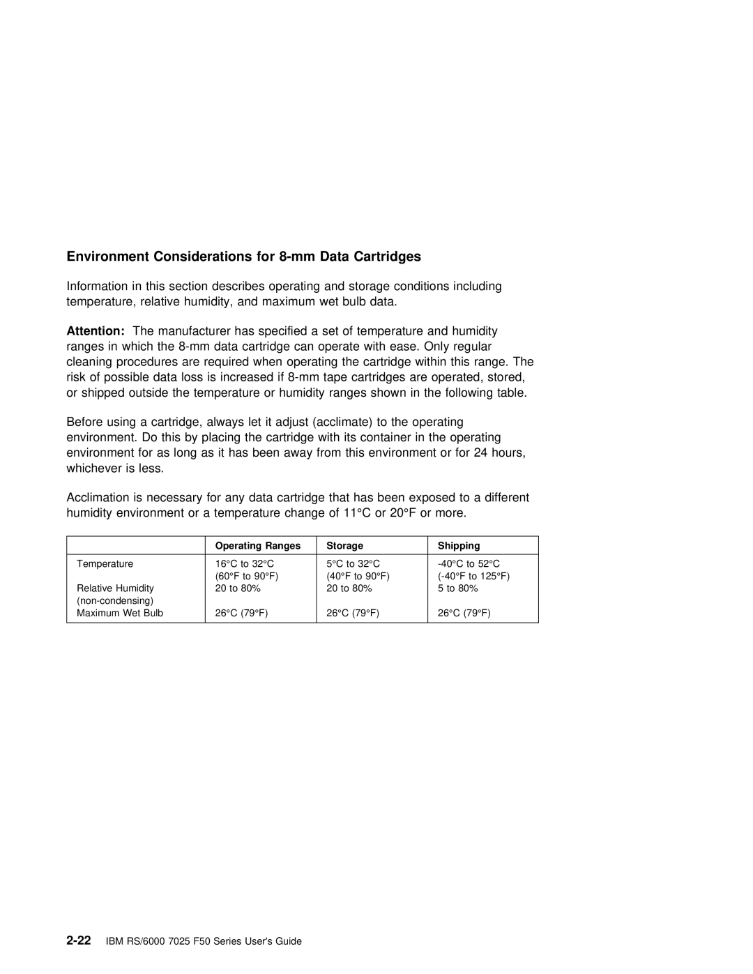 IBM RS/6000 7025 manual Environment Considerations for 8-mm Data Cartridges, Ranges 