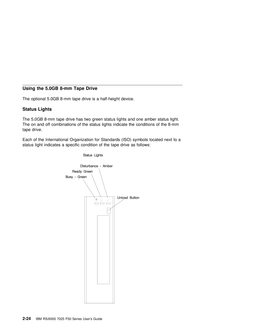 IBM RS/6000 7025 manual Using the 5.0GB 8-mm Tape Drive, Status Lights 