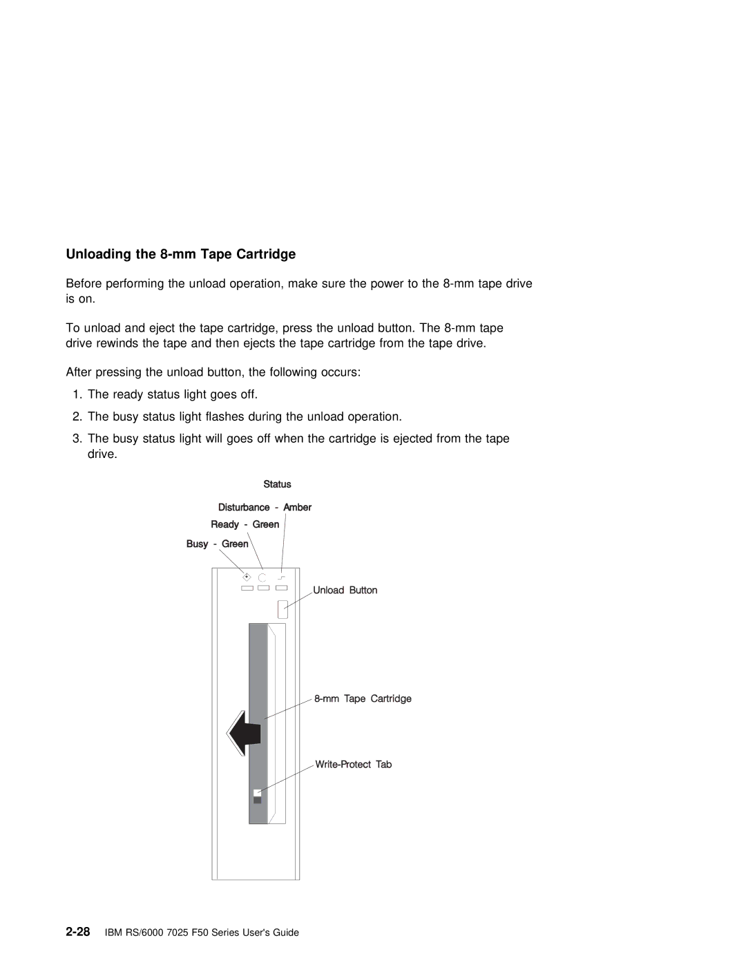 IBM RS/6000 7025 manual Unloading the 8-mm Tape Cartridge 