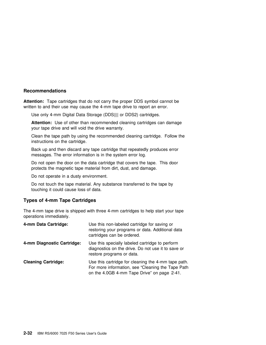 IBM RS/6000 7025 manual Types of 4-mm Tape Cartridges, Cleaning Cartridge 