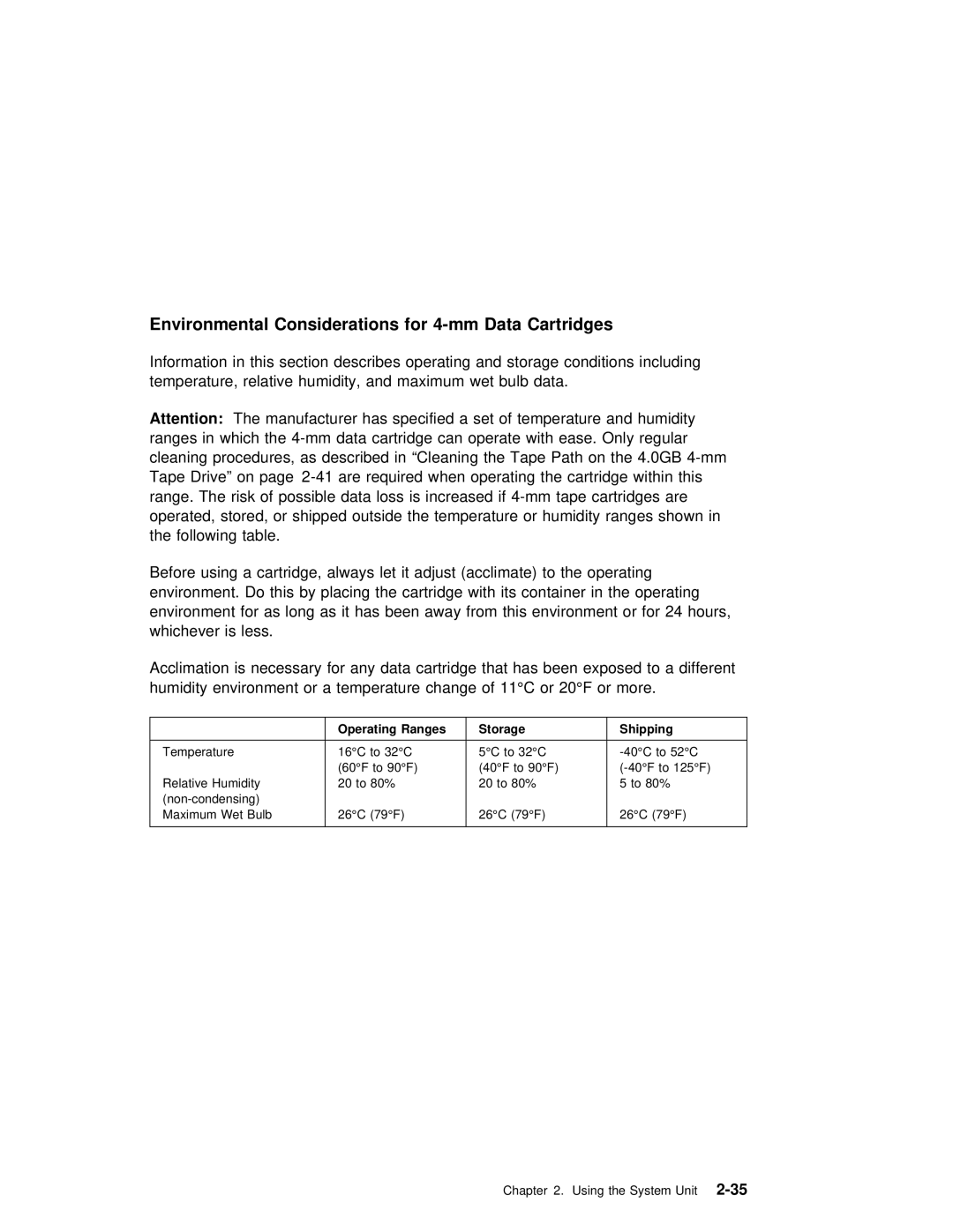 IBM RS/6000 7025 manual Environmental Considerations for 4-mm Data Cartridges, Ranges 