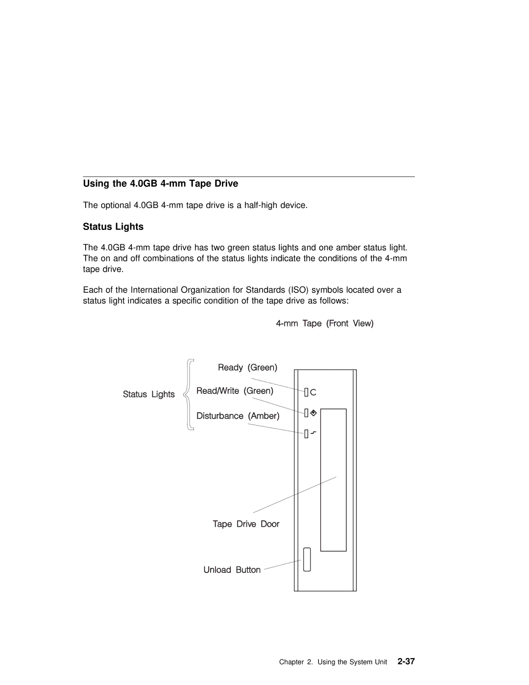 IBM RS/6000 7025 manual Using the 4.0GB 4-mm Tape Drive, Status Lights 