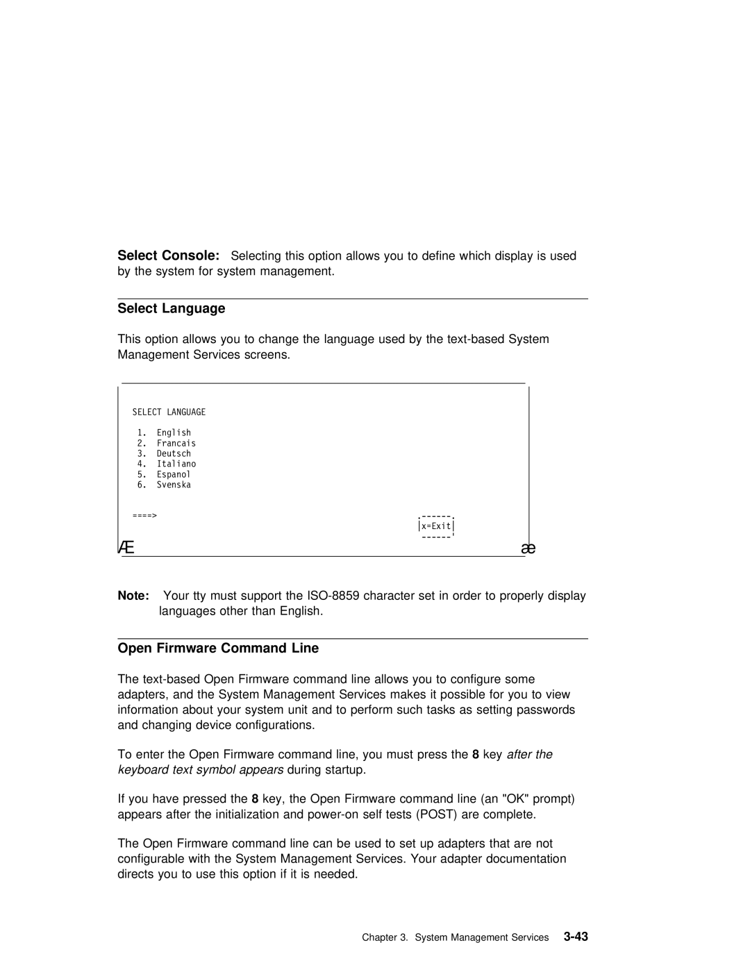 IBM RS/6000 7043 43P manual Select Console, Select Language, Open Firmware Command Line 