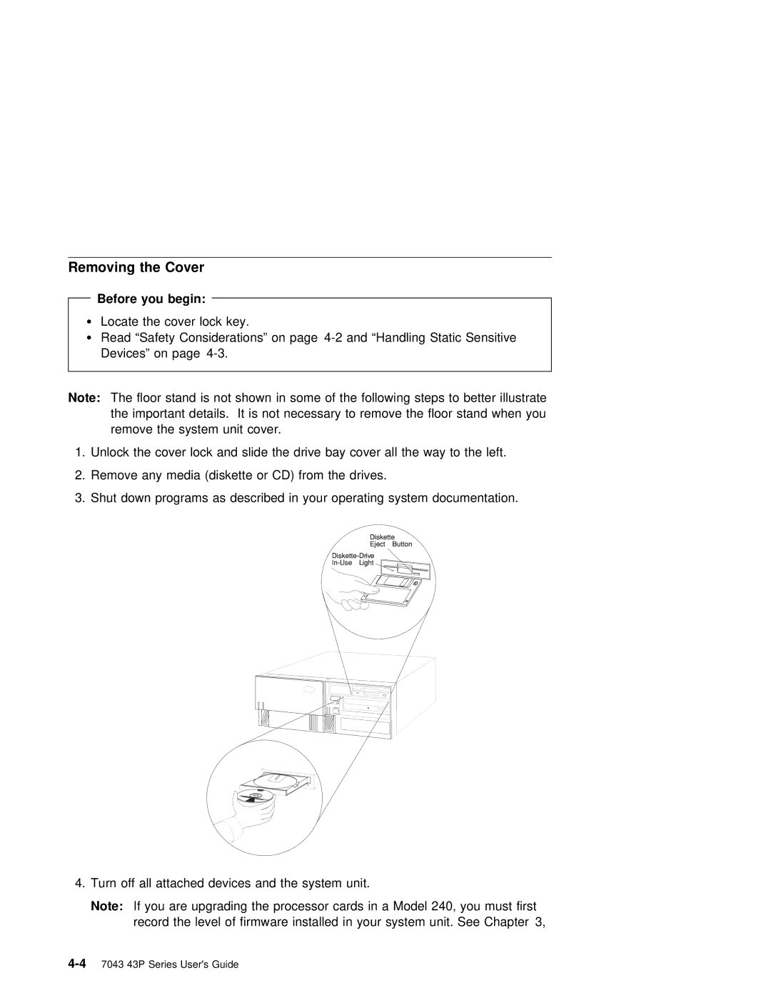 IBM RS/6000 7043 43P manual Removing the Cover, Before you begin 