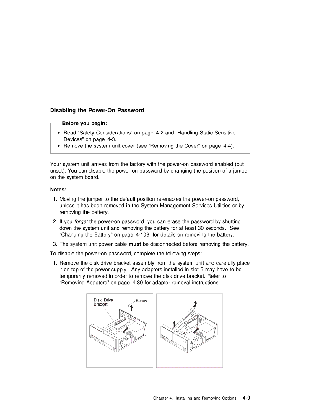 IBM RS/6000 7043 43P manual Disabling the Power-On Password, Before you begin 