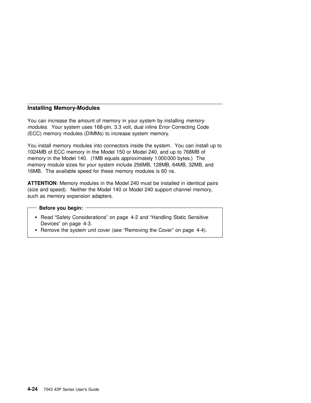 IBM RS/6000 7043 43P manual Installing Memory-Modules, Ecc 