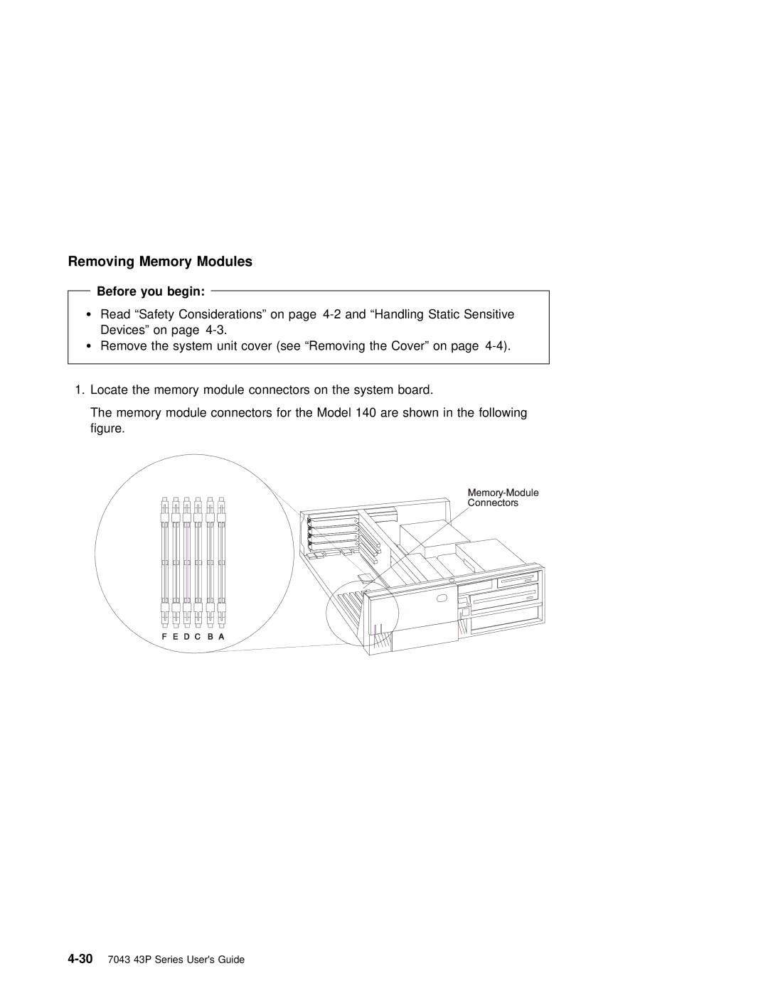 IBM RS/6000 7043 43P manual Removing Memory Modules, Before you begin 