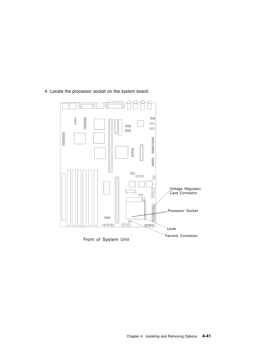 IBM RS/6000 7043 43P manual Locate the processor socket on the system board 