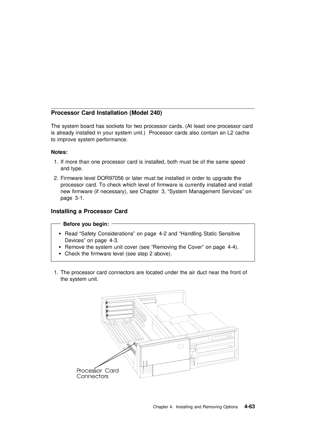 IBM RS/6000 7043 43P manual Installation Model, Installing a Processor Card 