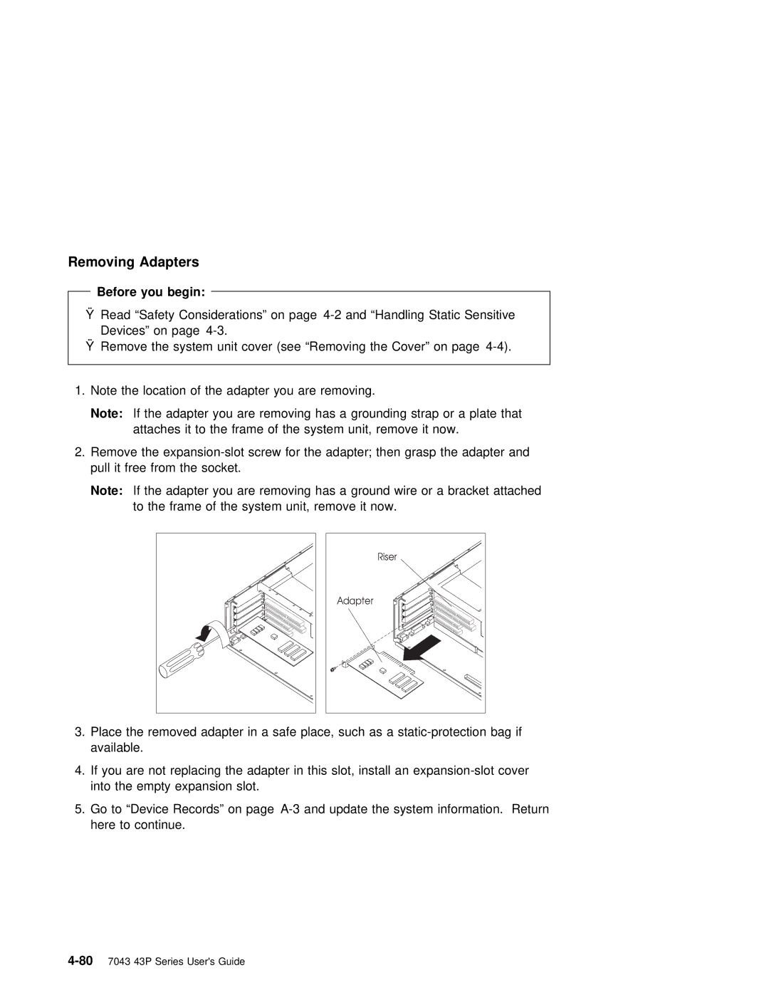 IBM RS/6000 7043 43P manual Removing Adapters, Before you begin 