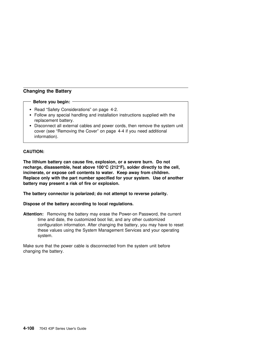 IBM RS/6000 7043 43P manual Changing the Battery 