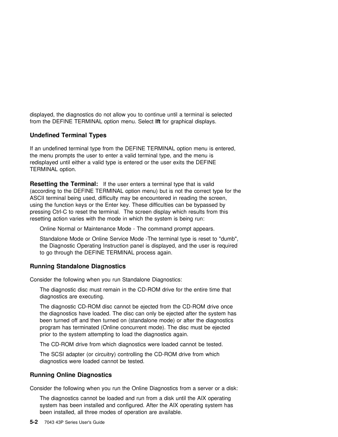 IBM RS/6000 7043 43P manual Running Standalone Diagnostics, Running Online Diagnostics, Define, Resetting Terminal 
