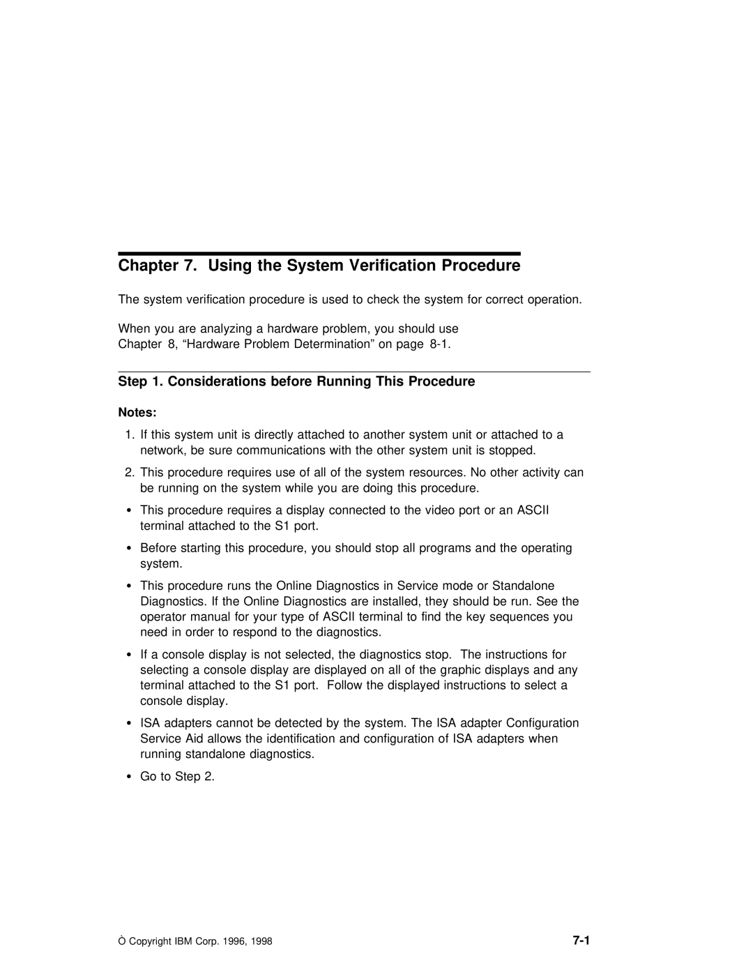 IBM RS/6000 7043 43P manual Using the System Verification Procedure, Considerations before Running This Procedure 