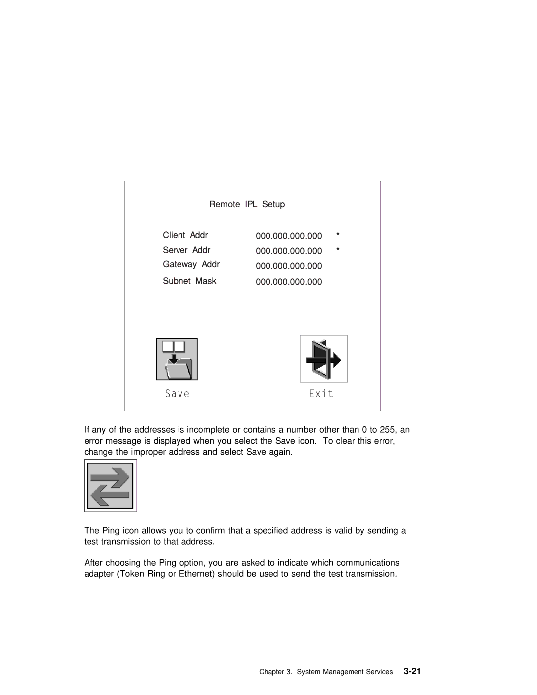 IBM RS/6000 7043 43P manual Ping icon allows you to confirm that a specified address is 