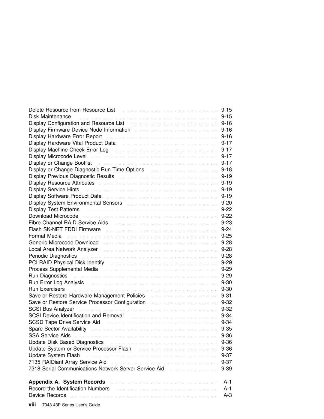 IBM RS/6000 7043 43P manual Scsi, Appendix A. System Records, Viii 