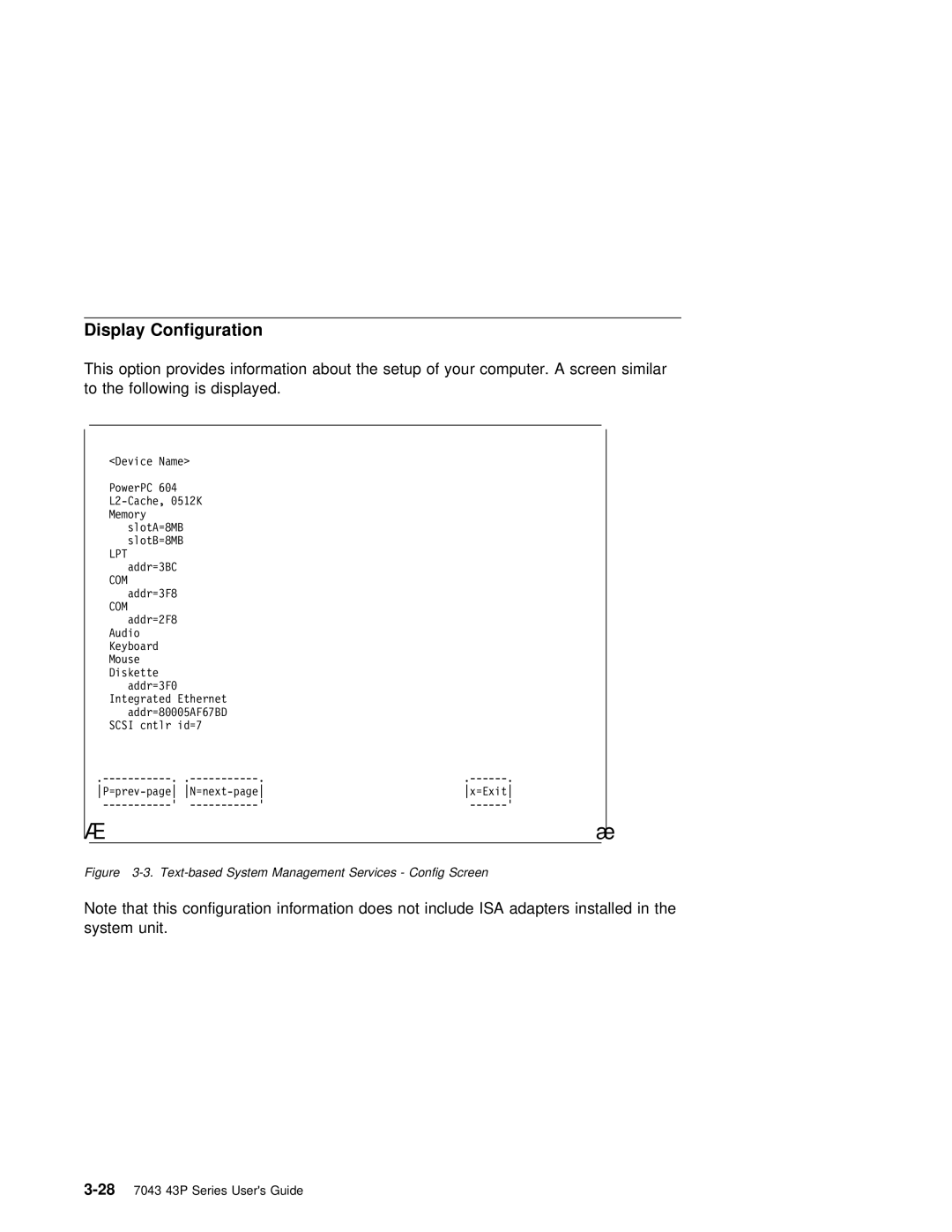 IBM RS/6000 7043 43P manual Display Configuration, Text-based System Management Services Config Screen 