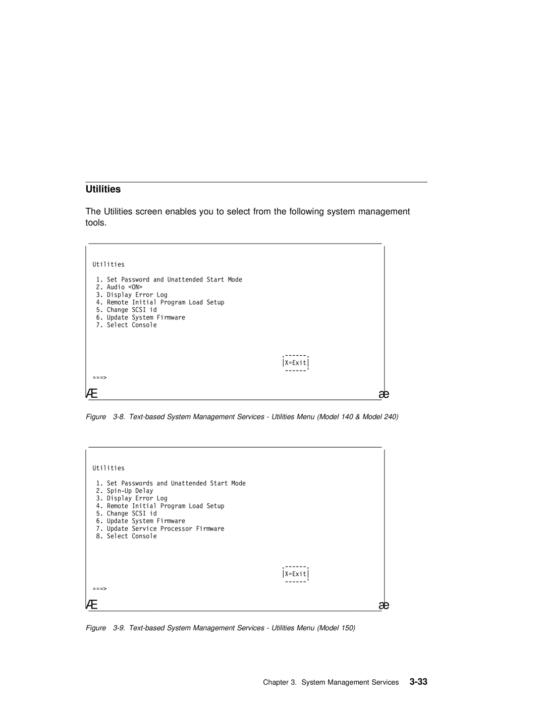 IBM RS/6000 7043 43P manual Text-based System Management Services Utilities Menu Model 