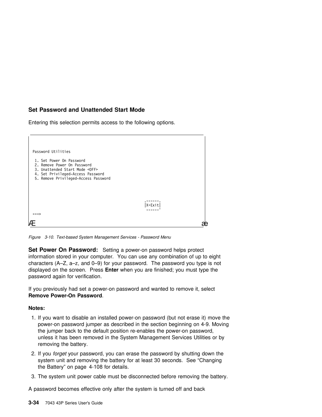 IBM RS/6000 7043 43P manual Set Password and Unattended Start Mode, Set Power On Password 