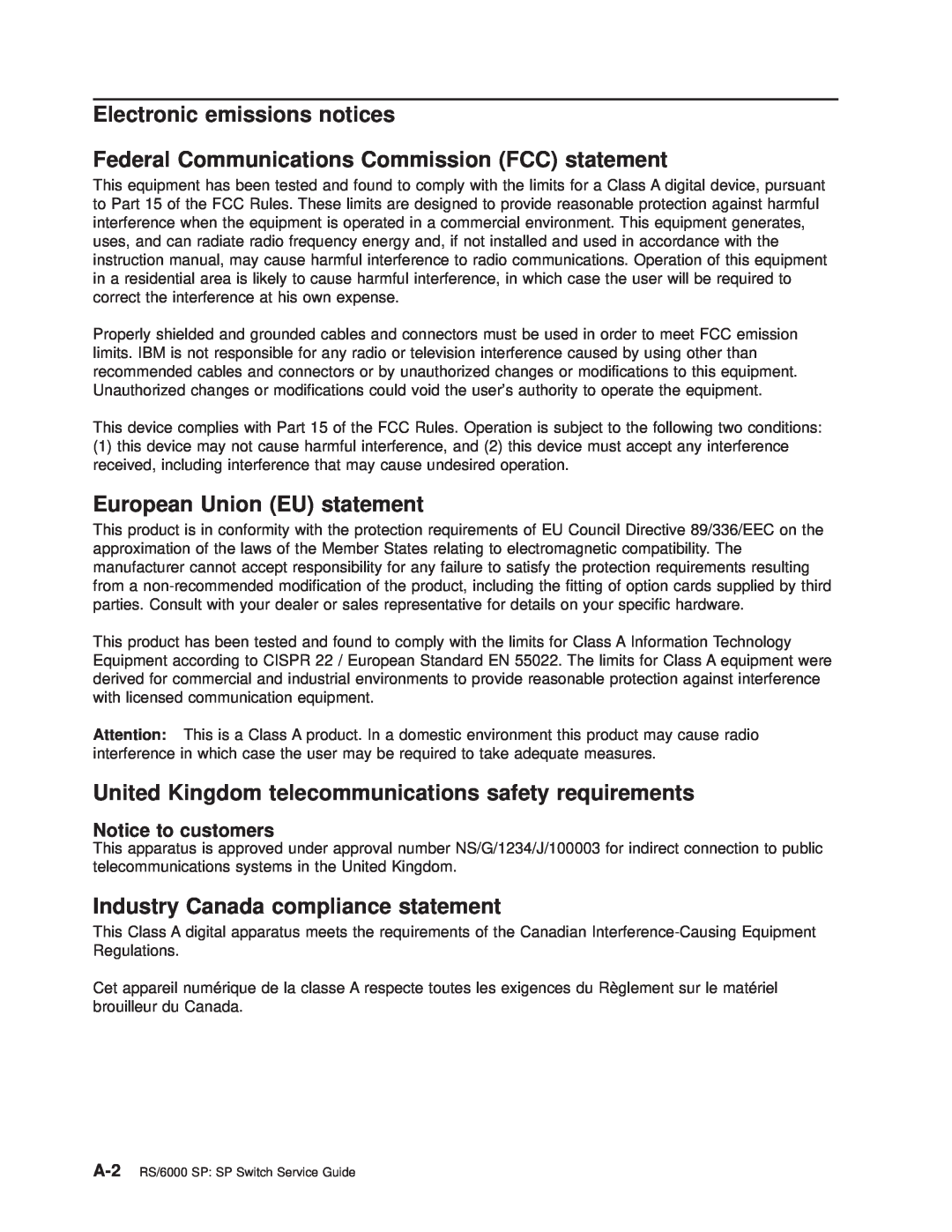 IBM RS/6000 SP Electronic emissions notices, Federal Communications Commission FCC statement, European Union EU statement 