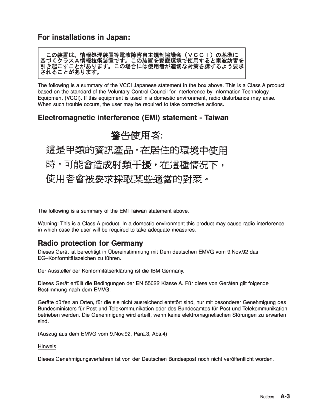 IBM RS/6000 SP manual For installations in Japan, Electromagnetic interference EMI statement - Taiwan 