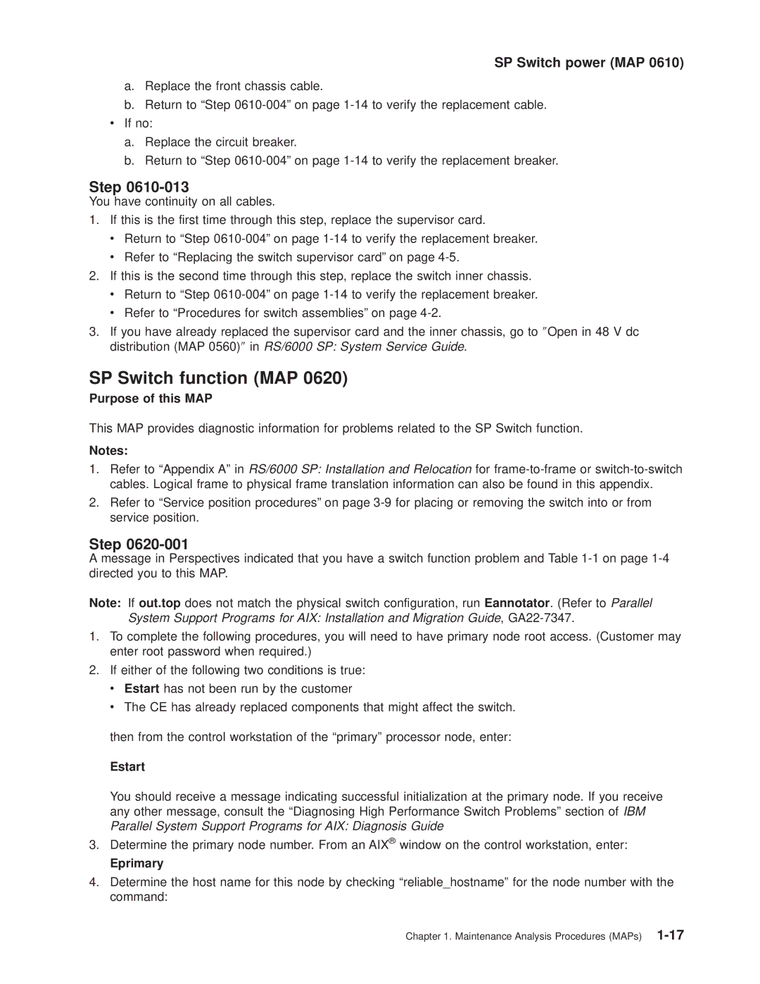 IBM RS/6000 SP manual SP Switch function MAP, Estart, Eprimary 