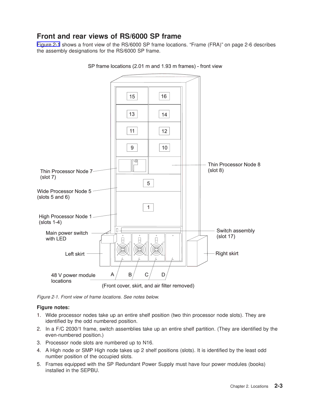 IBM manual Front and rear views of RS/6000 SP frame, Figure notes 