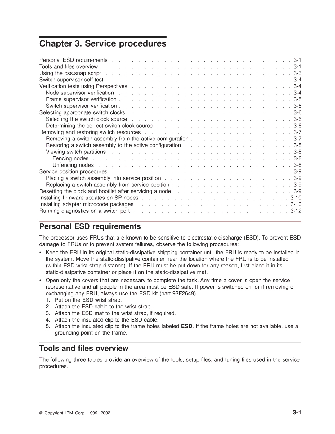 IBM RS/6000 SP manual Service procedures, Personal ESD requirements, Tools and files overview 