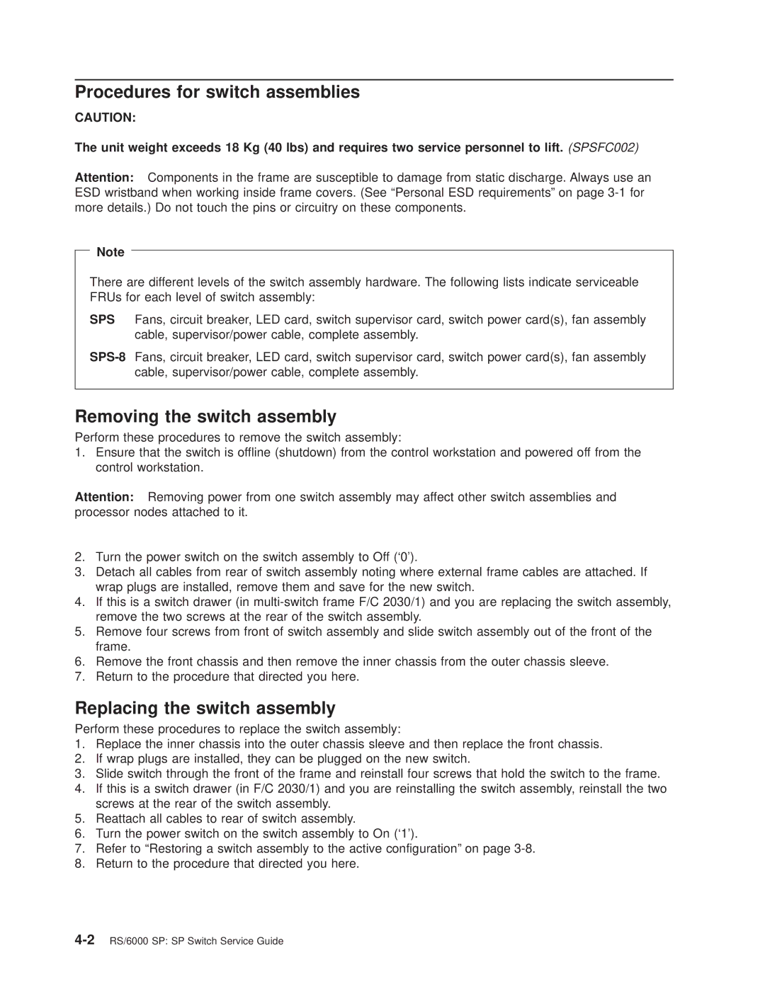 IBM RS/6000 SP manual Procedures for switch assemblies, Removing the switch assembly, Replacing the switch assembly 