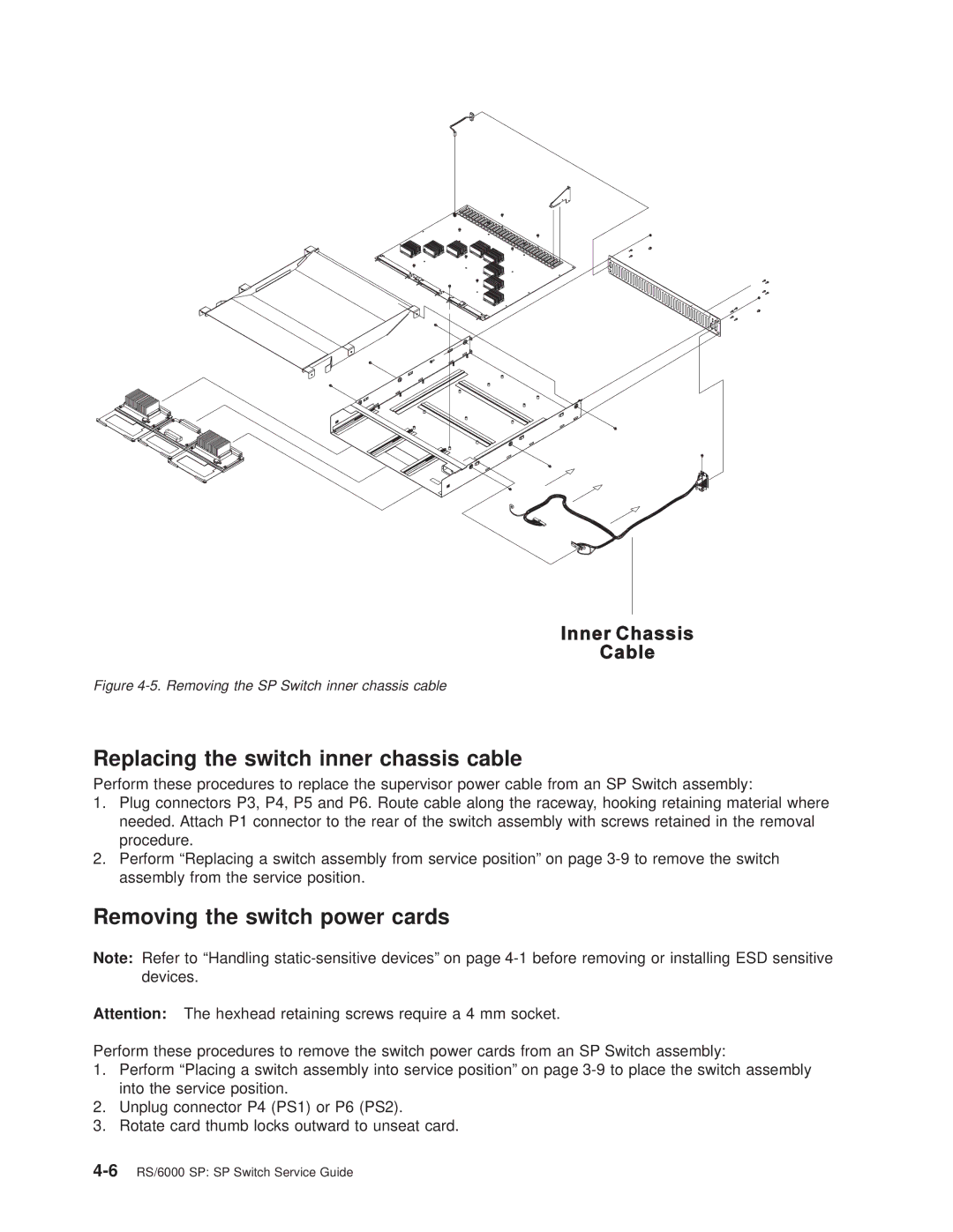 IBM RS/6000 SP manual Replacing the switch inner chassis cable, Removing the switch power cards 