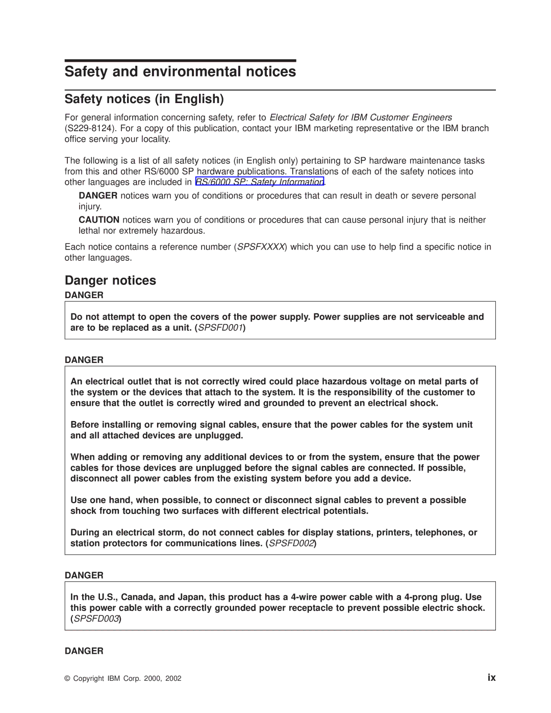 IBM RS/6000 SP manual Safety and environmental notices, Safety notices in English 