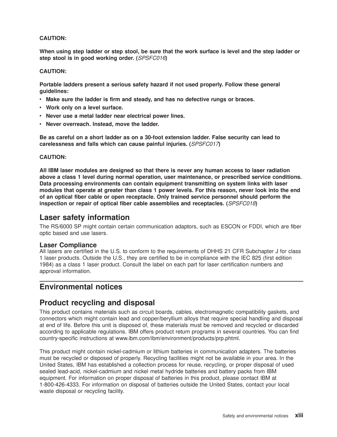 IBM RS/6000 SP manual Laser safety information, Environmental notices Product recycling and disposal 