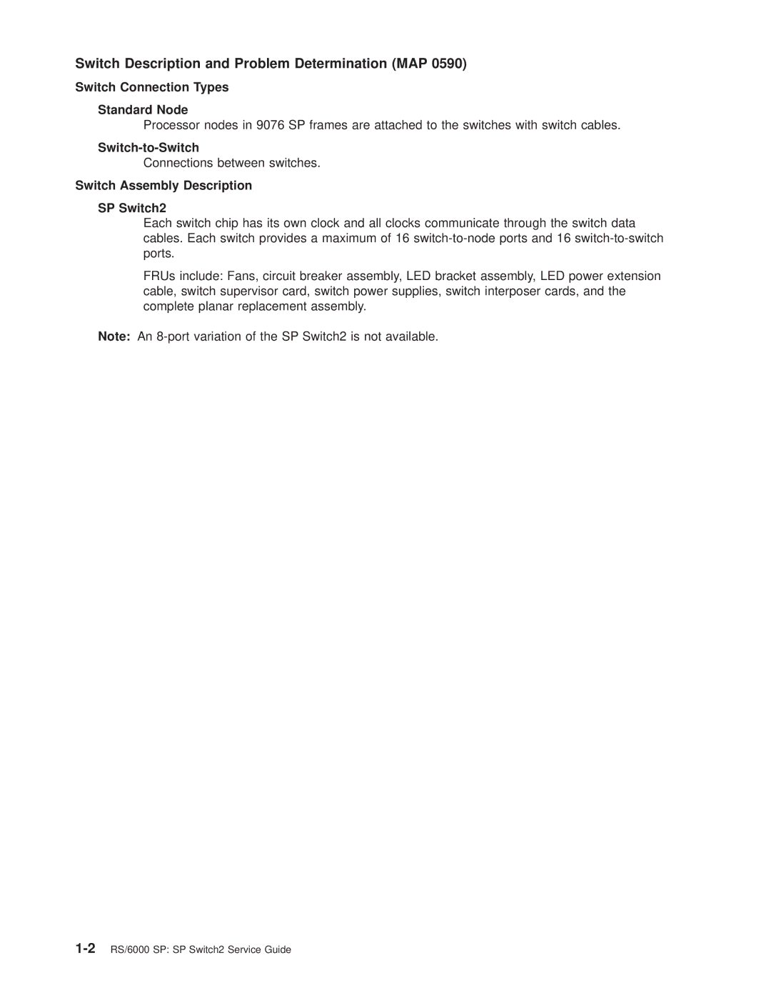 IBM RS/6000 SP manual Switch Connection Types Standard Node, Switch-to-Switch, Switch Assembly Description SP Switch2 