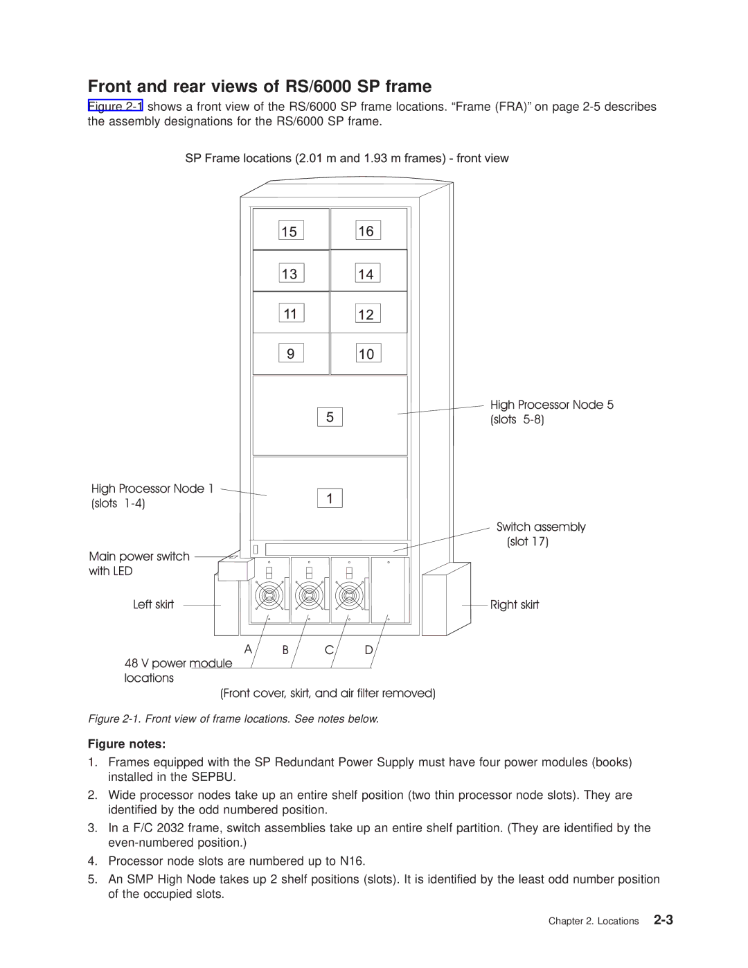 IBM manual Front and rear views of RS/6000 SP frame, Figure notes 