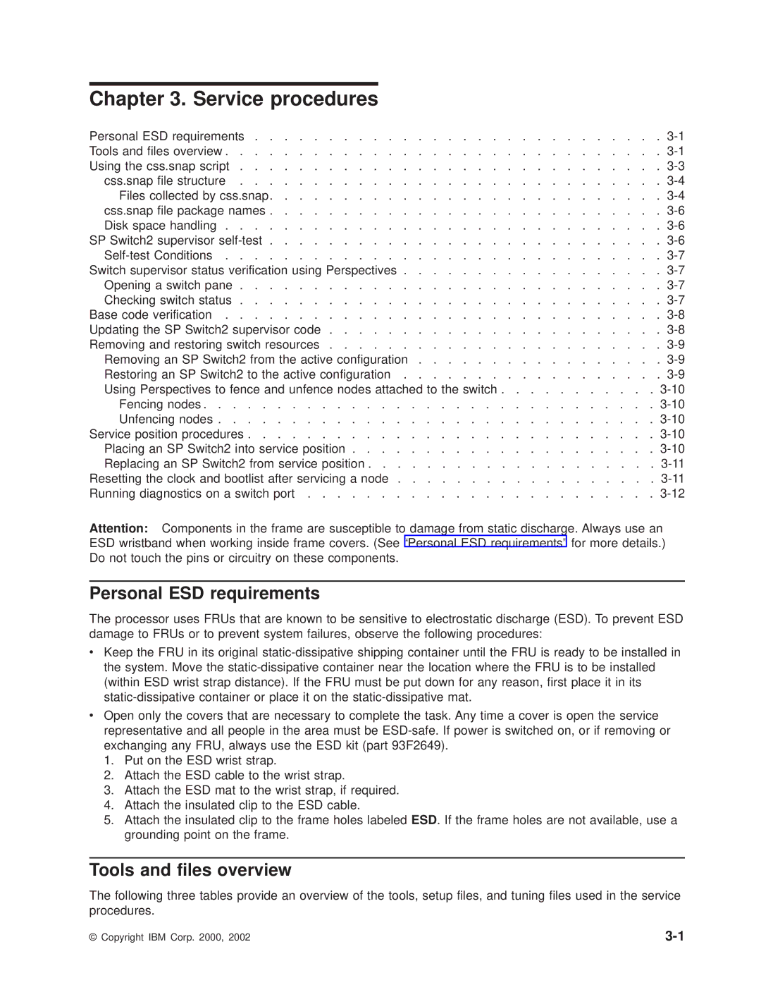 IBM RS/6000 SP manual Service procedures, Personal ESD requirements, Tools and files overview 