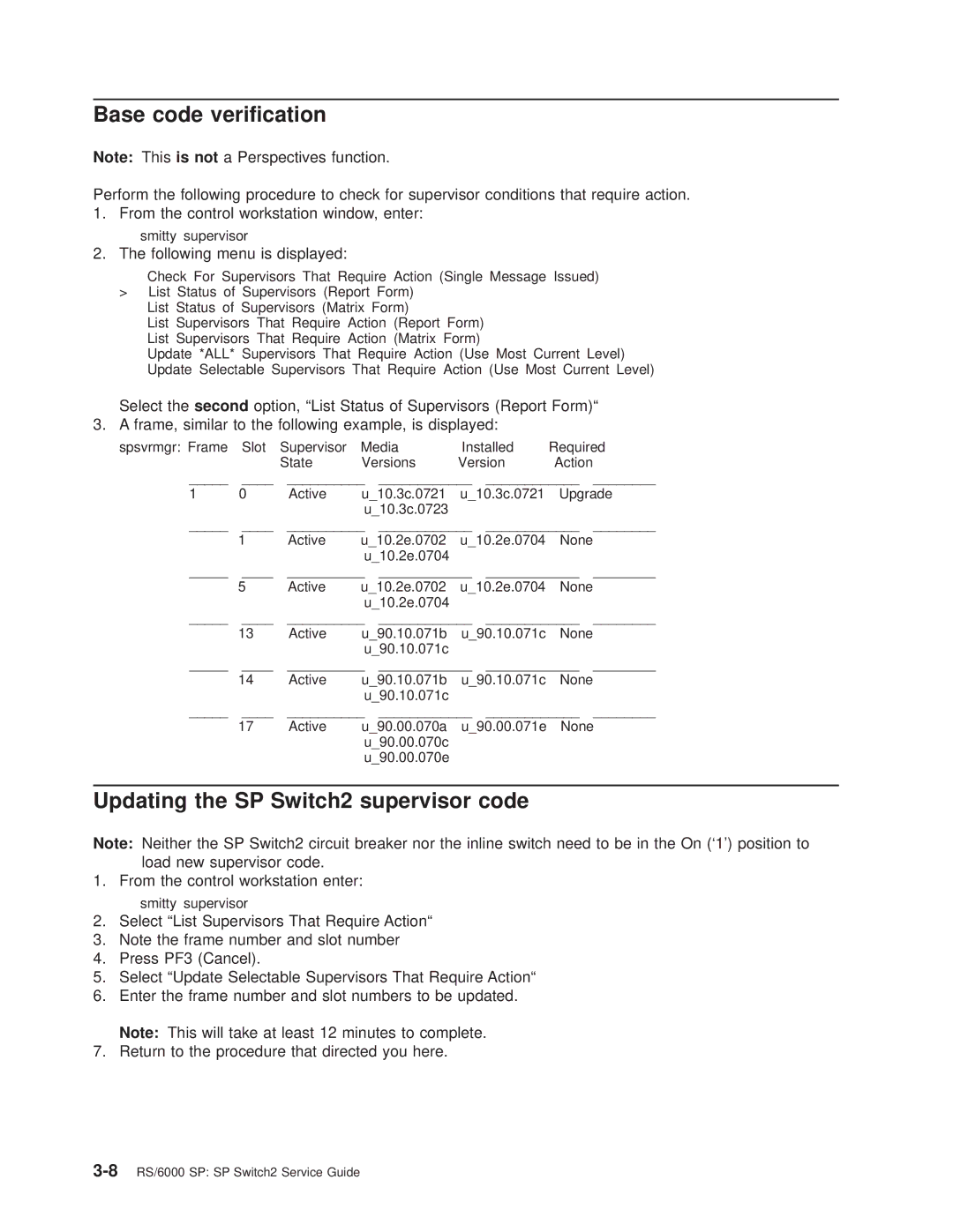 IBM RS/6000 SP manual Base code verification, Updating the SP Switch2 supervisor code 