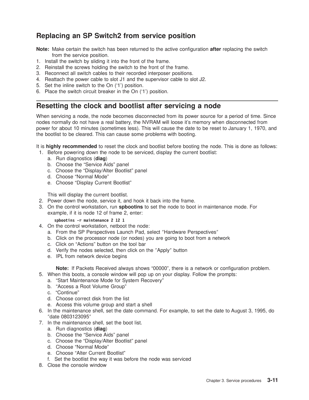 IBM RS/6000 SP Replacing an SP Switch2 from service position, Resetting the clock and bootlist after servicing a node 